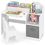 INFANS Kids Table and Chair Set, Toddler Art Craft Play Wood Activity Desk with Chairs Storage Canvas Bin for Writing Drawing, Children Furniture for Daycare Nursery Boys Girls 3+