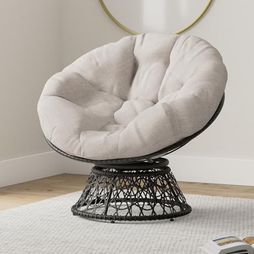 Image of Bme Ergonomic Wicker Papasan Chair with Soft Thick Density Fabric Cushion, High Capacity Steel Frame, 360 Degree Swivel for Living, Bedroom, Reading Room, Lounge, Silver Cloud - Black Base