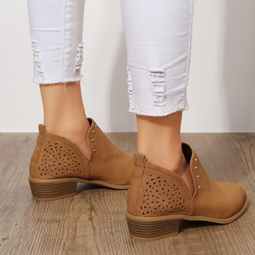 JITUUE Ankle Boots for Women Casual Cut Out Slip On Low Heel Short Chunky Stacked Heel Perforated Side V Cut Western Booties Cutout Shoes(Brown-c,US 9 — view 2