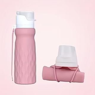 20.27oz Shock-Resistant Foldable Water Bottle - Made from Food-Grade Silicone, Double Lock Leak-Proof for Gym And Hiking | Fits in Cup Holders & Complies with Airport Security,Pink