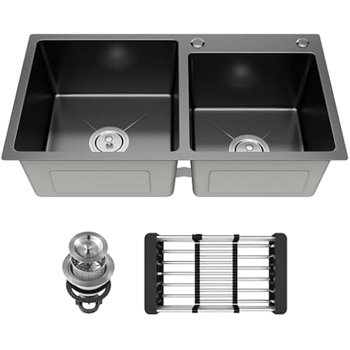 30-inch Black Kitchen Sink, Double Bowl Drop-in/Top-Mount 304 Stainless Steel with Nano Coating, Includes Drain Assembly & Fruit Basket for Modern Kitchen (30.7" x 16.9")