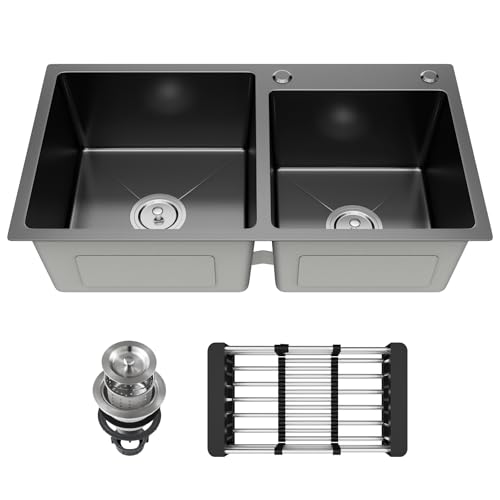 Vivrhintty 30-inch Black Kitchen Sink, Double Bowl Drop-in/Top-Mount 304 Stainless Steel with Nano Coating, Includes Drain Assembly & Fruit Basket for Modern Kitchen (30.7