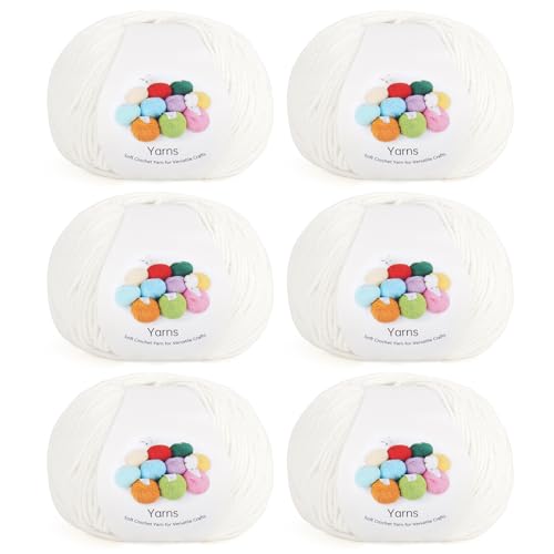 Coopay Pelotes de Laine à Tricoter, 6x45g, Laine Crochet Tricot Doux en Acrylique et Coton, 4 Brins, Fil à Crocheter pour Layette, Écharpe, Carrés Granny Square - Blanc