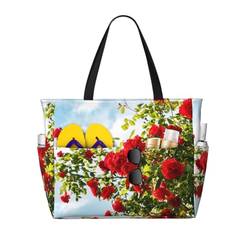 Sac de plage buisson de roses rouges : fini le manque de place avec ce grand cabas fourre-tout