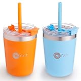 Picture of PopYum 9oz Insulated Stainless Steel Kids’ Cups with Lid and Straw, 2-Pack, Orange, Blue, stackable, sippy, baby, child, toddler, tumbler, double wall, vacuum, leak proof