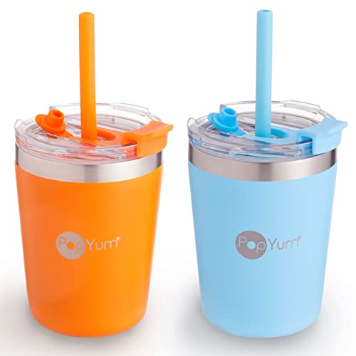PopYum 9oz Insulated Stainless Steel Kids Cups with Lid and Straw, 2-Pack, Orange, Blue, stackable, sippy, baby, child, toddler, tumbler, double wall, vacuum, leak proof