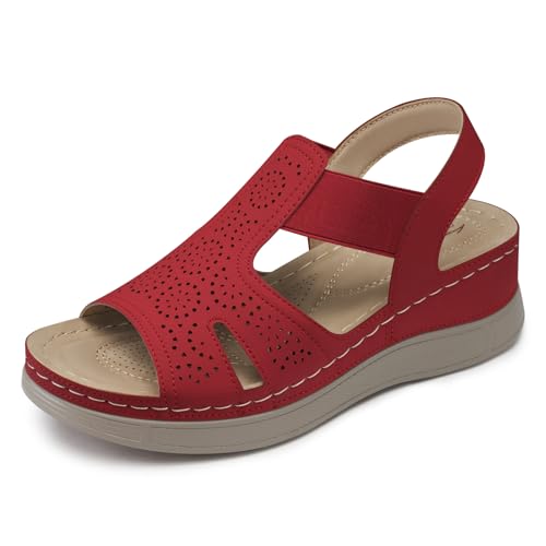 SHIBEVER Wedge Sandals Women Comfortable Low Heel Wedges Red