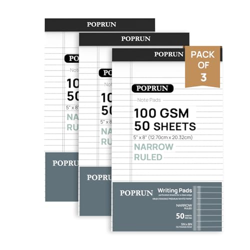 POPRUN Small White Legal Pads 5 x 8 Narrow Ruled, 100GSM Writing Paper Pad, Bulk Lined Notepad...