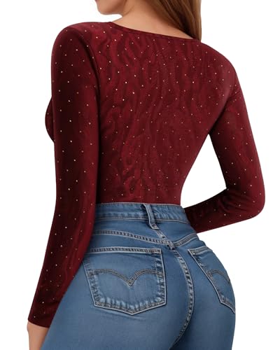 Image of MANGOPOP Womens Bodysuit Long Sleeve Crew Neck Body suit for Women Ribbed Bodysuits Shirts