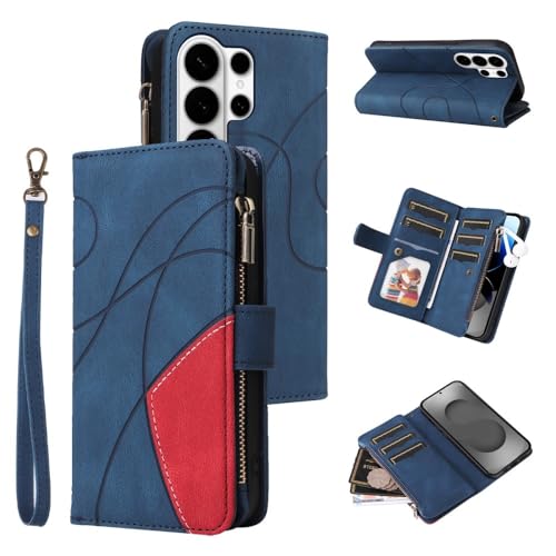 Étui portefeuille double pour Samsung Galaxy A16 4G/5G avec fermeture éclair bleue