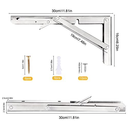 Viesap Klappkonsole 300mm, 2 Stück Klappkonsole Schwerlast, Edelstahl Klappkonsole Klapptisch Wand, Klappregalhalterungen, Tragfähigkeit 50kg, Für Platzsparende Haus Küche Büro Klapptisch Wandmontage.