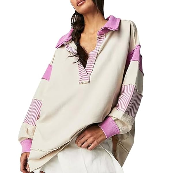 OIUHJN Oversized damessweatshirt, reverskraag, V-hals, overhemden, truien, kleur, lange mouwen, bovenstuk, pullover, geel