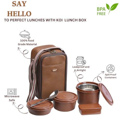 Image of KOI TiffinPro Lunch Box Set with Insulated Bag, 3 Microwave Safe Inner Steel Containers (290ml, 450ml, 600ml), Plastic Pickle Box(180), Spoon | Ideal for School, College, Office| Color-Memphis Brown