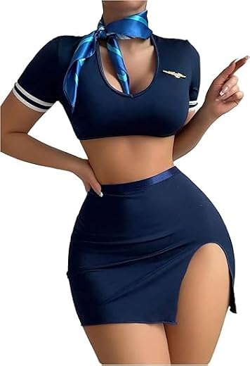 Softwrap Women’s Air Hostess Style Babydoll Lingerie Set – Sexy Crop Top &amp; Mini Skirt Roleplay Nightwear with Scarf for Ho...