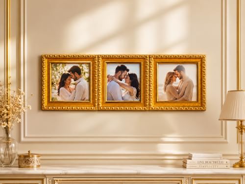 Image of Photo Frame Set of 3 - Modern Tabletop Picture Frames for Desk, Living Room & Bedroom Decor, Perfect for Wedding, Couple & Family Photos (3 x 3 inches) (Golden design)