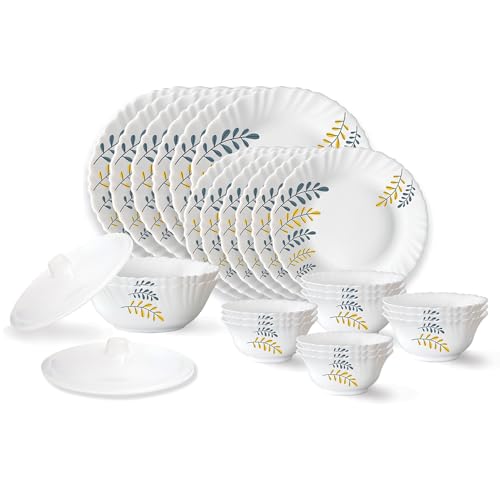Larah by Borosil Niva Fluted Series Opalware Dinner Set | 28 Pieces for Family of 6 | Microwave & Dishwasher Safe | Bone-Ash Free | Crockery Set for Dining & Gifting | Plates & Bowls | White at ₹1436 (62% Off) – Amazon