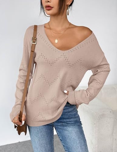 Image of Zeagoo Womens Sweaters Fall Trendy Casual Long Sleeve Shirt Lightweight V Neck Off Shoulder Crochet Pullover Top Outfit