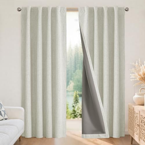 Joydeco 100% Cortinas Opacas 2 Piezas, Lino Cortinas Dormitorio con Pasadores Anti Luz Cortina Termica Aislantes Frio y Calor para Salon（2x245x140，Beige Claro）