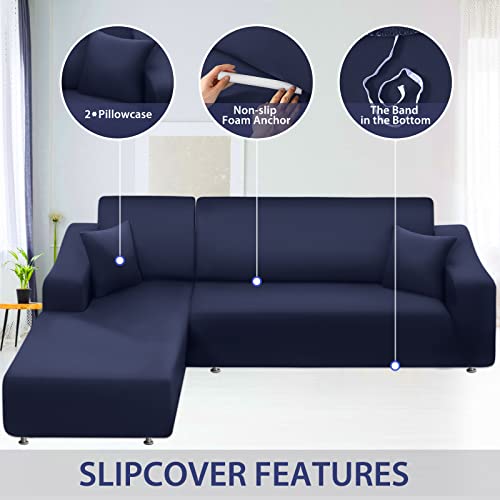 La Meack Super Stretch Sofa Covers For Sectional Sofa Set, L Shape Washable Couch Covers, 2Pcs Slipcovers Protector With 2Pcs Pillowcases For Dog Cat Pets Kids (3 Seat Sofa + 3 Seat Chaise, Navy) #TOP4