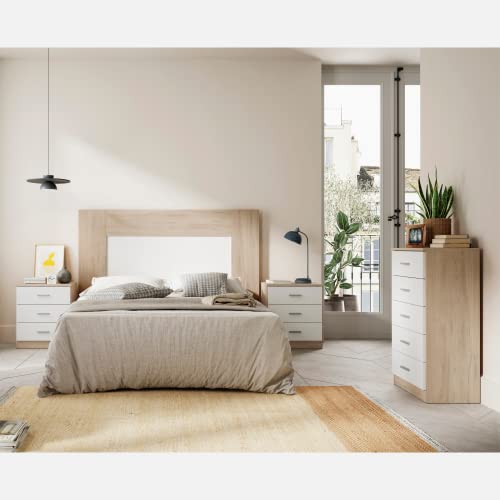 Miroytengo Conjunto Muebles Dormitorio Matrimonio cabecero, mesita Noche 3 cajones y cómoda en Blanco y Sahara