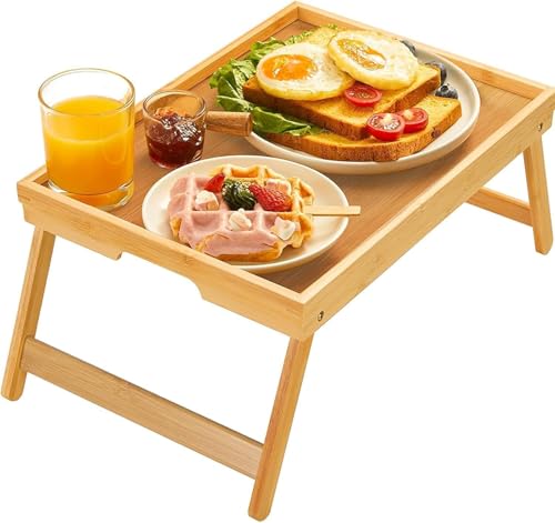 Bamboo Bed Tray Table With Foldable Legs, Breakfast Tray for Sofa, Bed, Eating, Working, Used As Laptop Desk Snack Tray By Pipishell