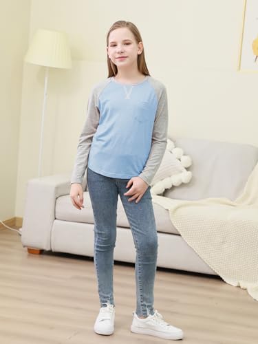 Image of GORLYA 2 Pack Girls Contrast Raglan Sleeve T-Shirt Casual Simple Basic Tee Tops with Pocket for 8-16Y