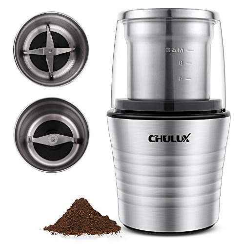 CHULUX Electric Spices and Coffee Grinder with 2.5 Ounce Two Detachable Cups for Wet/Dry Food,Powerful Stainless Steel Blades and Cleaning Brush