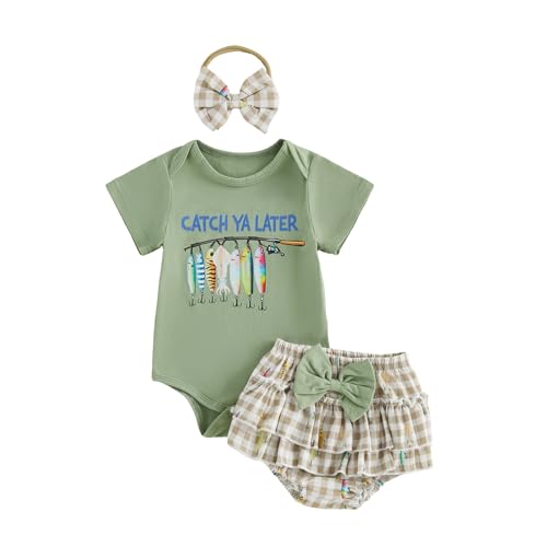 Xnqiwq Newborn Baby Girl Fishing Outfit Fish Onesie Short Sleeve Romper Ruffle Plaid Shorts Set 3Pcs Infant Summer Clothes (Green 0-3 Months)