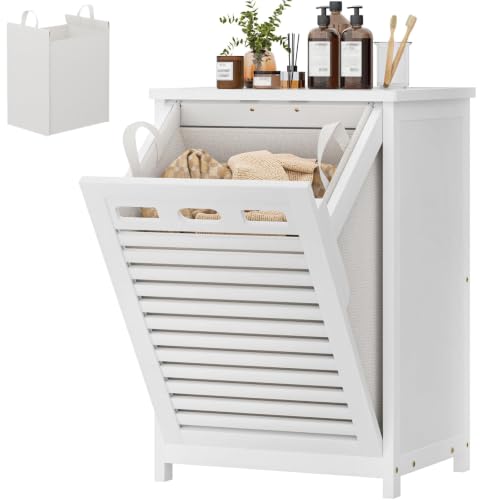 Bamboo Tilt Out Laundry Hamper Cabinet with 15.5 Gal Removable Bag, White