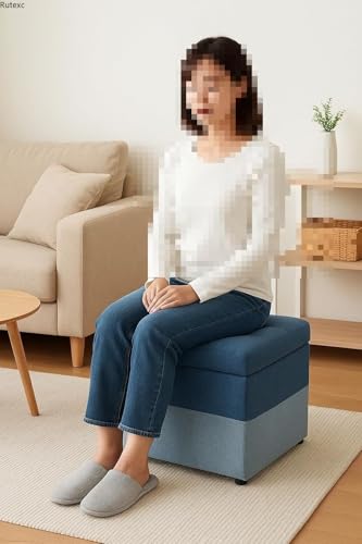 Rutexc スツール、多機能収納付き靴替えスツール、家庭用一体型収納シート、リビングルーム、玄関、寝室に最適、木製フレーム、布製素材（詳細はサイズ表をご参照ください） (ファブリックストレージ-大きなパッチワークコーヒー) [2]