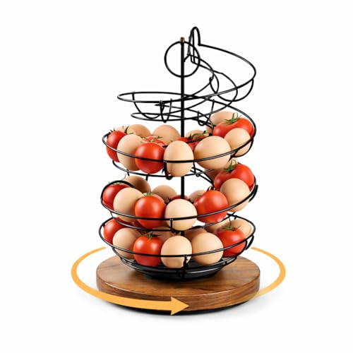 Rotating Spiral Metal Fresh Egg Holder Counter, Farmhouse Egg Storage Rack with Wooden Turntable Base, No-Lift Easy Access Egg Organizer for Kitchen Counter, Holds Up to 36 Eggs