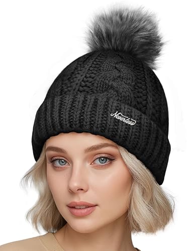 Neverless® Damen Wintermütze mit Fleece Gefüttert Warm & Winddicht Strickmütze Bommelmütze Model 1980 Schwarz Unisize