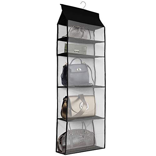 Dearjana Improved Closet Handbag Purse Holder with 5 Large Heavy-Duty Mesh Shelves, Space Saving Hanging Handbag Storage Tote Bag Organizer Holder for Wardrobe Closet(Black) by Dearjana - Used condition - US$14.99