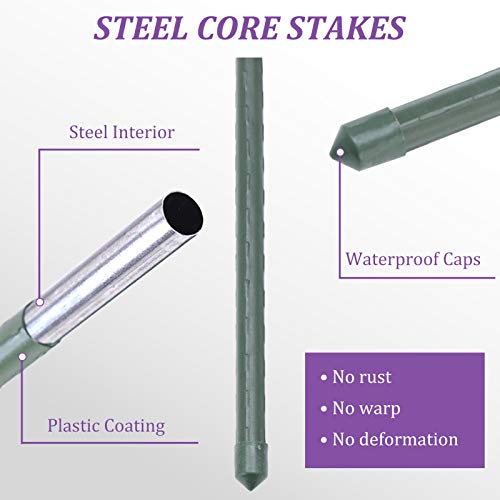 CEED4U 25 Packs 5 Feet Steel Garden Stakes Plant Stake Plant Cage Supports with 100 Pcs Twist Ties, Plastic Coated Plant Sticks for Tomato Plants Trees Cucumber Fences Beans Strawberry Flowers