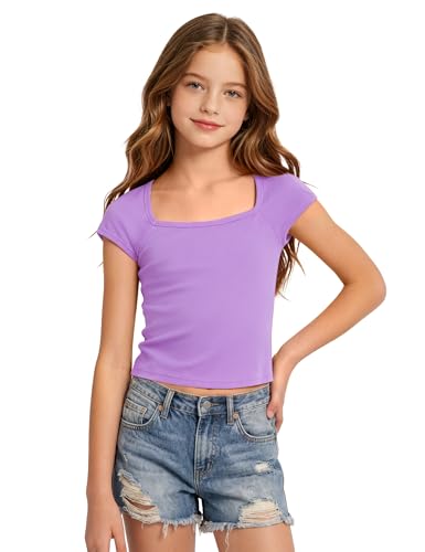 Image of Crop Tops for Girls Short Sleeve Shirt Girls Summer Tops Square Neck Slim Fit Tops Basic Tee