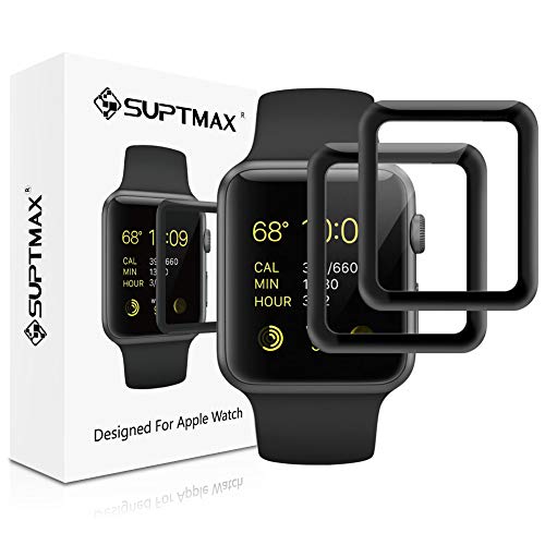 [For Series 2/3] SUPTMAX Screen Protector for Apple Watch Series 3 [3D Full Coverage] Apple Watch Screen Protector 42mm [Carbon Fiber Frame + Tempered Glass] (42mm, Black)