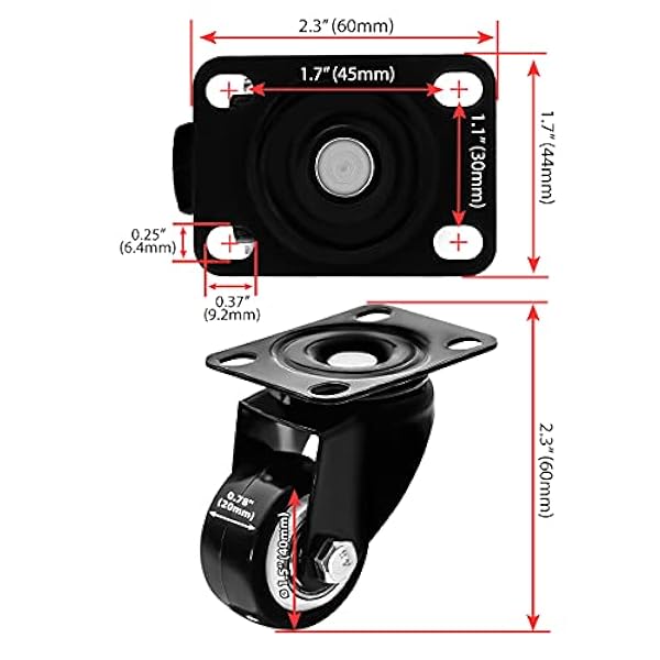 Online Best Service Paquete de 24 Ruedas Giratorias de 1.5" con Base de Goma con Placa Superior Y Cojinete de Alta Resistencia (Paquete de 24 Sin Freno)