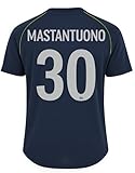 👕 Camiseta azul con detalles en plata, escudo oficial del Real Madrid, y nombre + dorsal de MASTANTUONO (30) en la espalda.