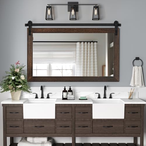 Image of COGOOD Farmhouse Bathroom Mirror - 41 inch x 30 inch Rustic Barn Door Mirror for Living Room, Entryway, Bedroom, Vanity Wall Decor (Black Brown)
