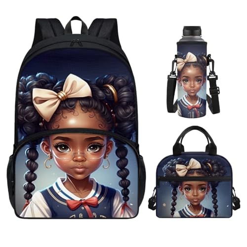 HUIACONG Preppy Afro Girls Backpack Elementary School Bookbag with Lunch Box,Large Middle School Bag 5th Grade/ 6th Grade,Teen Kids Book Bag Colleage Student Lunch Bag Water Bottle Sleeve Set