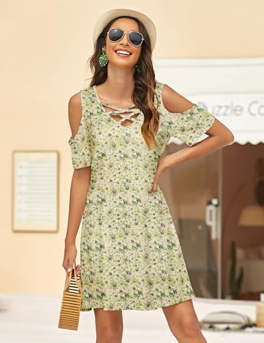 Image of Bluetime Women Cold Shoulder Summer Dress Short Sleeve Beach Casual Loose Swing Dress