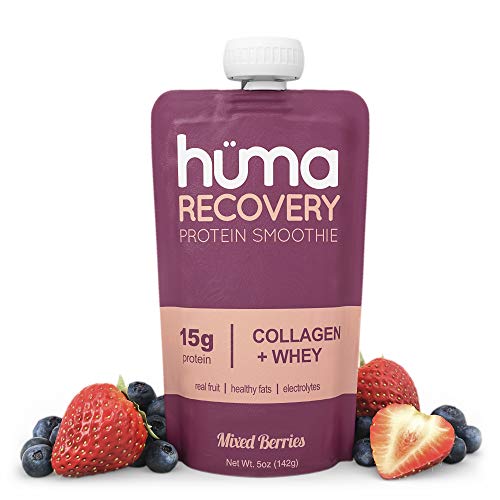 Huma Recovery Protein Smoothie, 12 Pouches â€“ 15g Collagen + Whey Post Workout Recovery Drink â€“ Ready-to-Drink Protein Shake with Real Fruit, Electrolytes, Healthy Fats