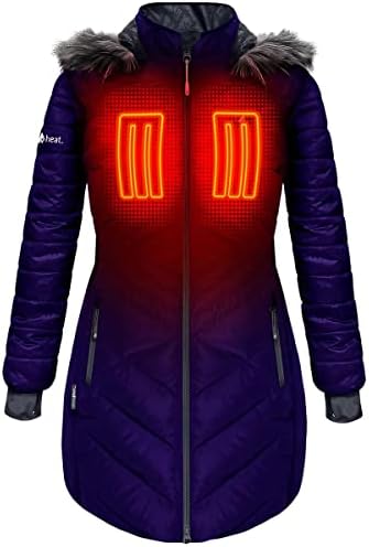 ActionHeat 5V Battery Heated Long Puffer Jacket for Women w/Faux-Fur Hood, Tri-Zone Heating, Touch Control, Power Bank
