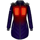 ActionHeat 5V Battery Heated Long Puffer Jacket for Women w/Faux-Fur Hood, Tri-Zone Heating, Touch C