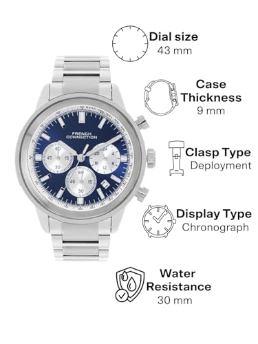 Image of French Connection Sunray Blue Round Dial with IP Stainless Steel Metal Strap Chronograph Watch - for Mens FCN0120USM