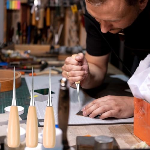 SGERUFZ 3er Set Ahle mit Holzgriff, Leder-Vorstecher mit Holzgriff, Profi Ahle Werkzeug, Nähset mit Rundahle und Prickelnadeln, DIY-Lederhandwerkswerkzeug, zum Nähen und Stanzen von Leder