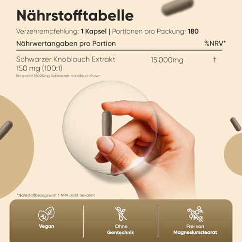 Schwarzer Knoblauch 100:1-15000 mg Knoblauch Extrakt pro Portion - Allium Sativum - 180 veganes Kapseln - 6 Monate Vorrat - Black Garlic - Frei von Magnesiumstearat - 1 Kapsel täglich - WeightWorld