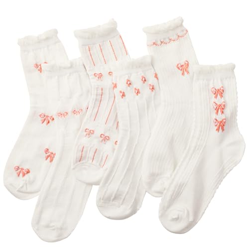 6 Pairs Cute Coquette Bow Crew Socks for Women Lace Ruffles Ankle Casual Sock Edge Spring and Autumn Daily Wear Gift