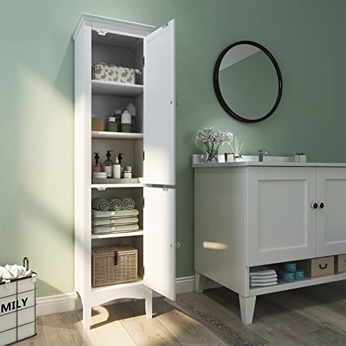 Giantex Bathroom Tall Storage Cabinet - Narrow Freestanding Floor Cabinet With Doors, 5 Tier Shelves(1 Height Adjustable), Corner Pantry Cabinets For Living Room, Bedroom, Slim Tower (1, White) #TOP1