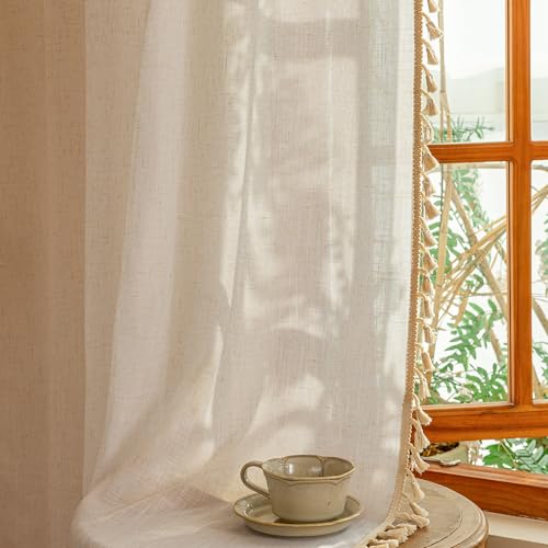Image of MYSKY HOME Boho Cream Curtains with Macrame 72 Inch Length, Semi Sheer Drapes for Living Room Privacy Protect Rustic Farmhouse Style Back Tab for Doorways, 50 inch x 72 inch, Natural,2 Panels